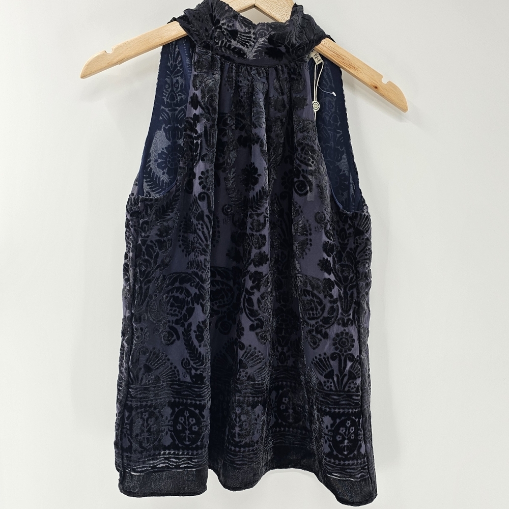 Max Studio Midnight Blue w/ Black Velvet Devore Sleeveless Tie Neck Top XSmall